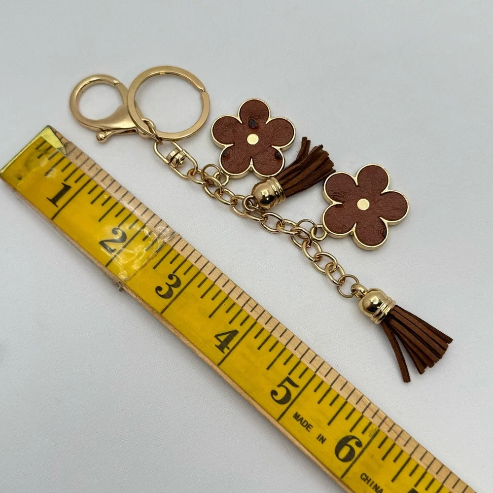 Floral Tassel Keychain Brown Faux Leather Gold Tone Bag Charm